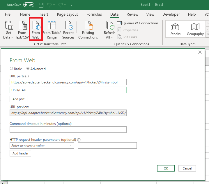 Entering the exchange rate API URL in Excel
