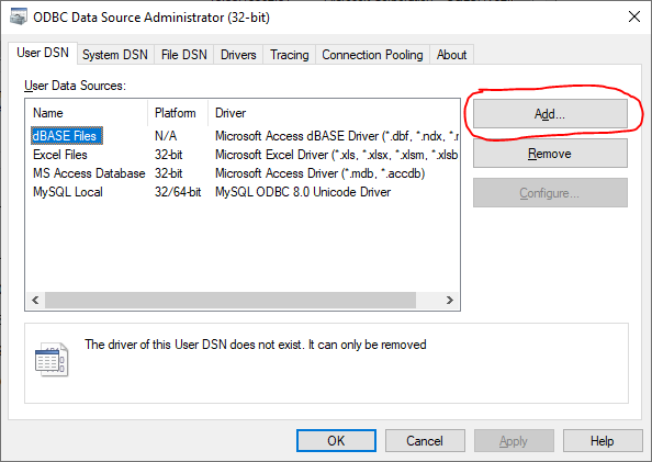 Screenshot showing adding ODBC data source
