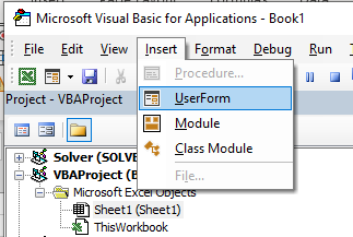 Screenshot of adding a UserForm in the VBA editor